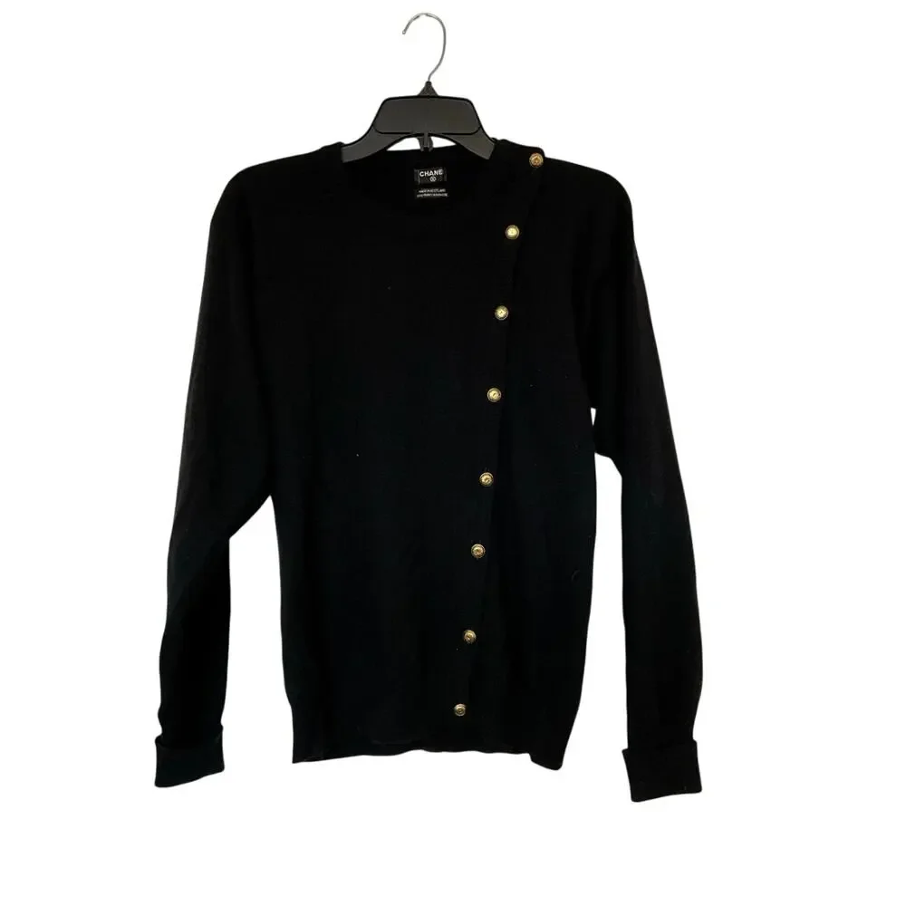 Chanel Vintage Black 100% Cashmere Sweater Gold CC Logo Buttons
